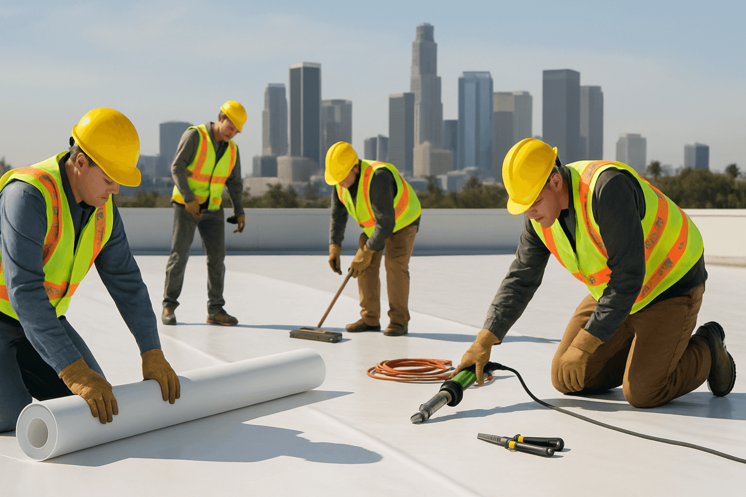 Técnicos instalando una membrana de techo plano comercial