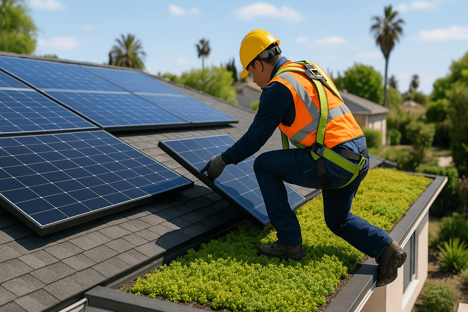 Solar panels and green roof vegetation on modern building