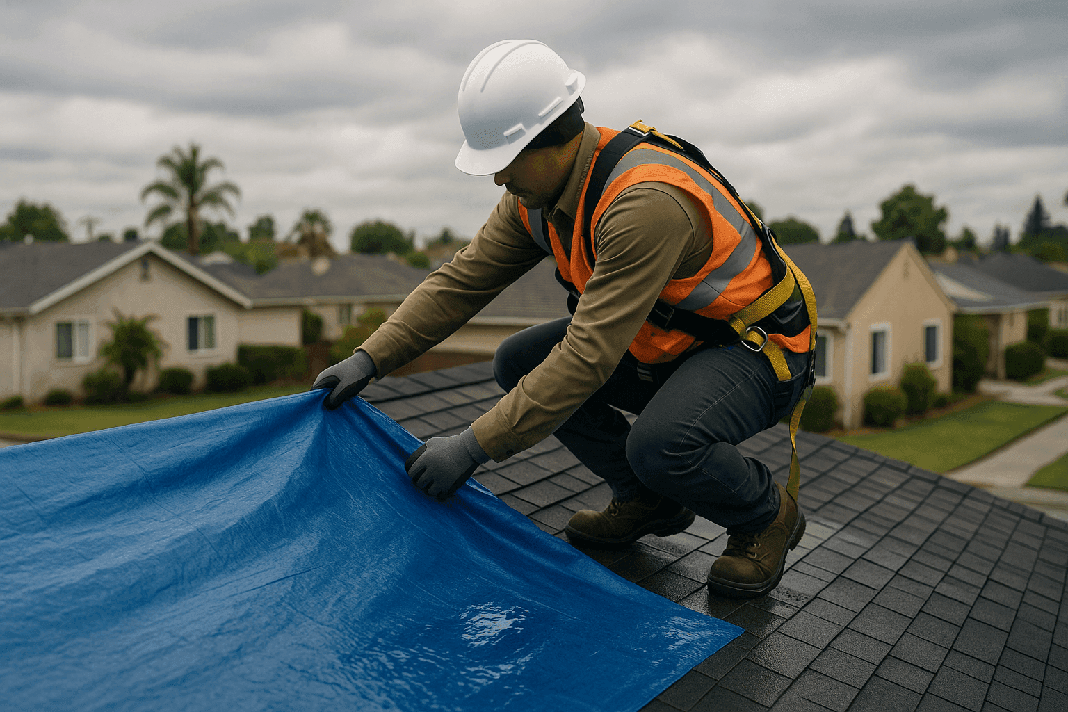 Roofing technician applying emergency tarp to storm-damaged roof