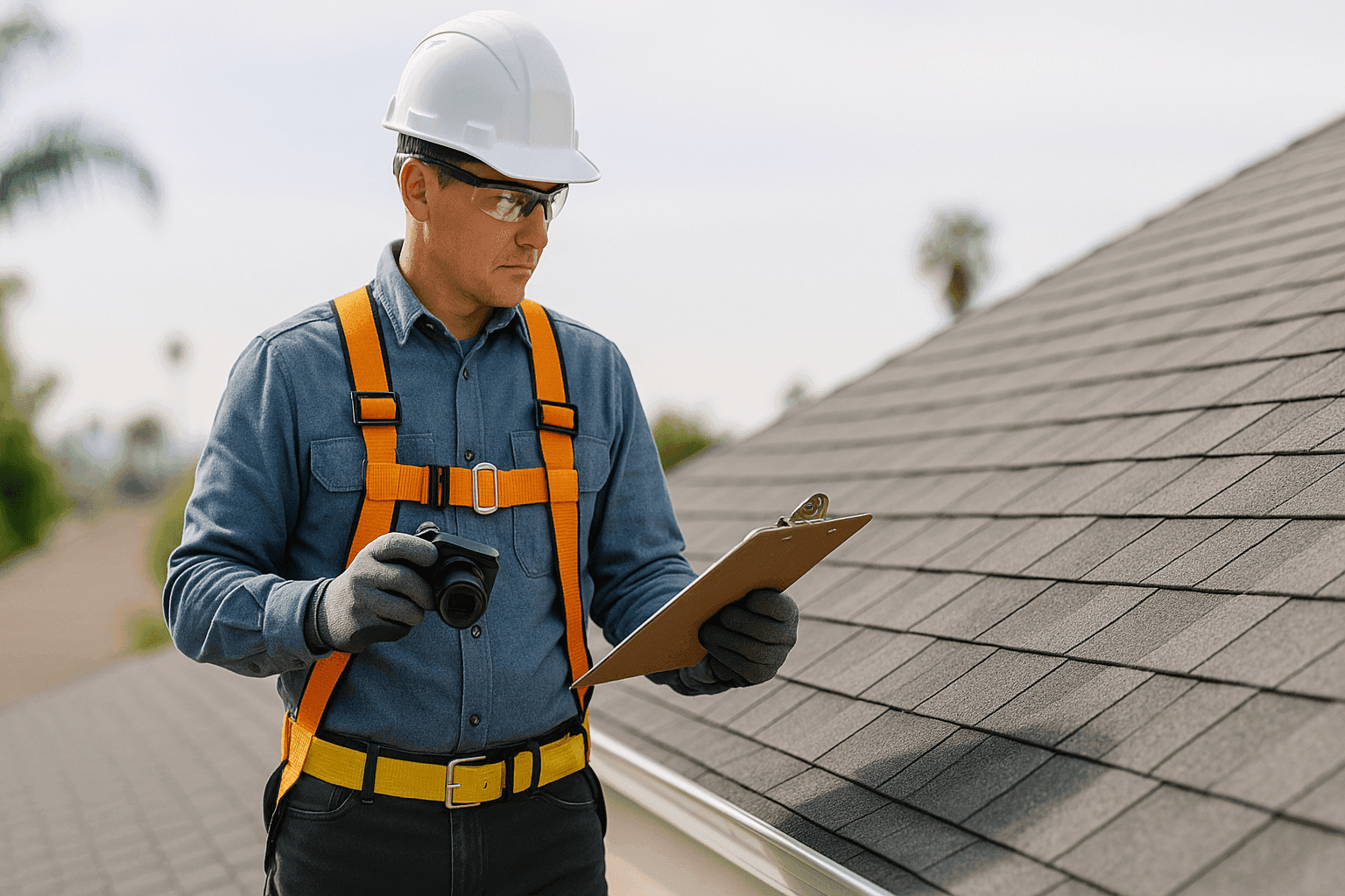 Professional inspecting residential roof with checklist in hand