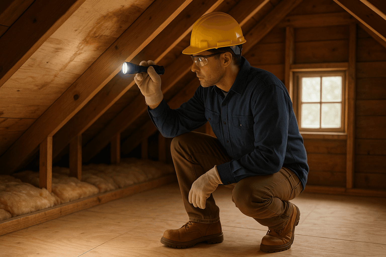 Roof technician inspecting attic for roof leak signs