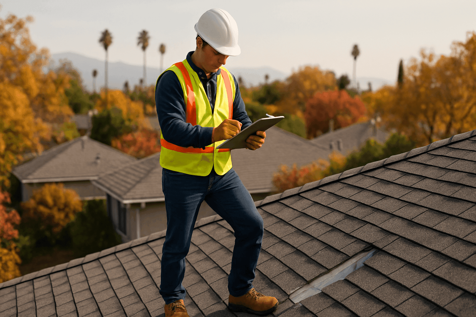 Técnico realizando una inspección estacional de techo con lista de verificación