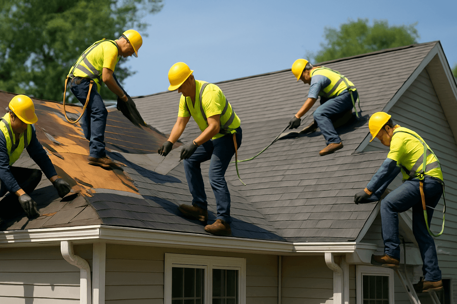 Crew removing and installing residential roof shingles
