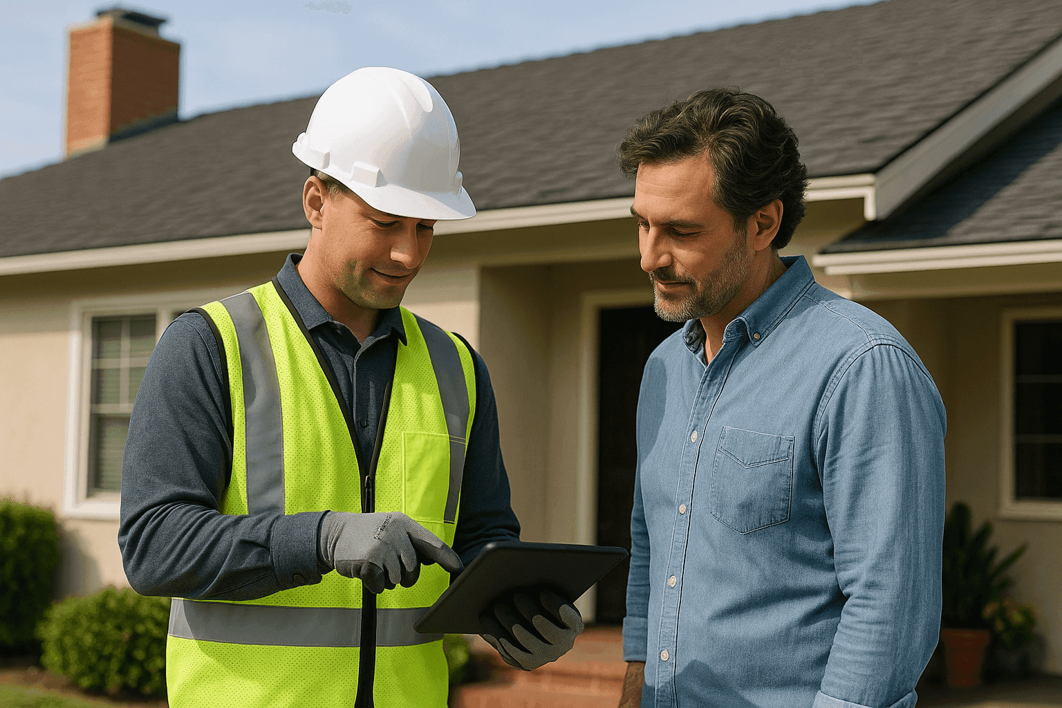 Técnico de techos revisando el presupuesto de reparación con el propietario