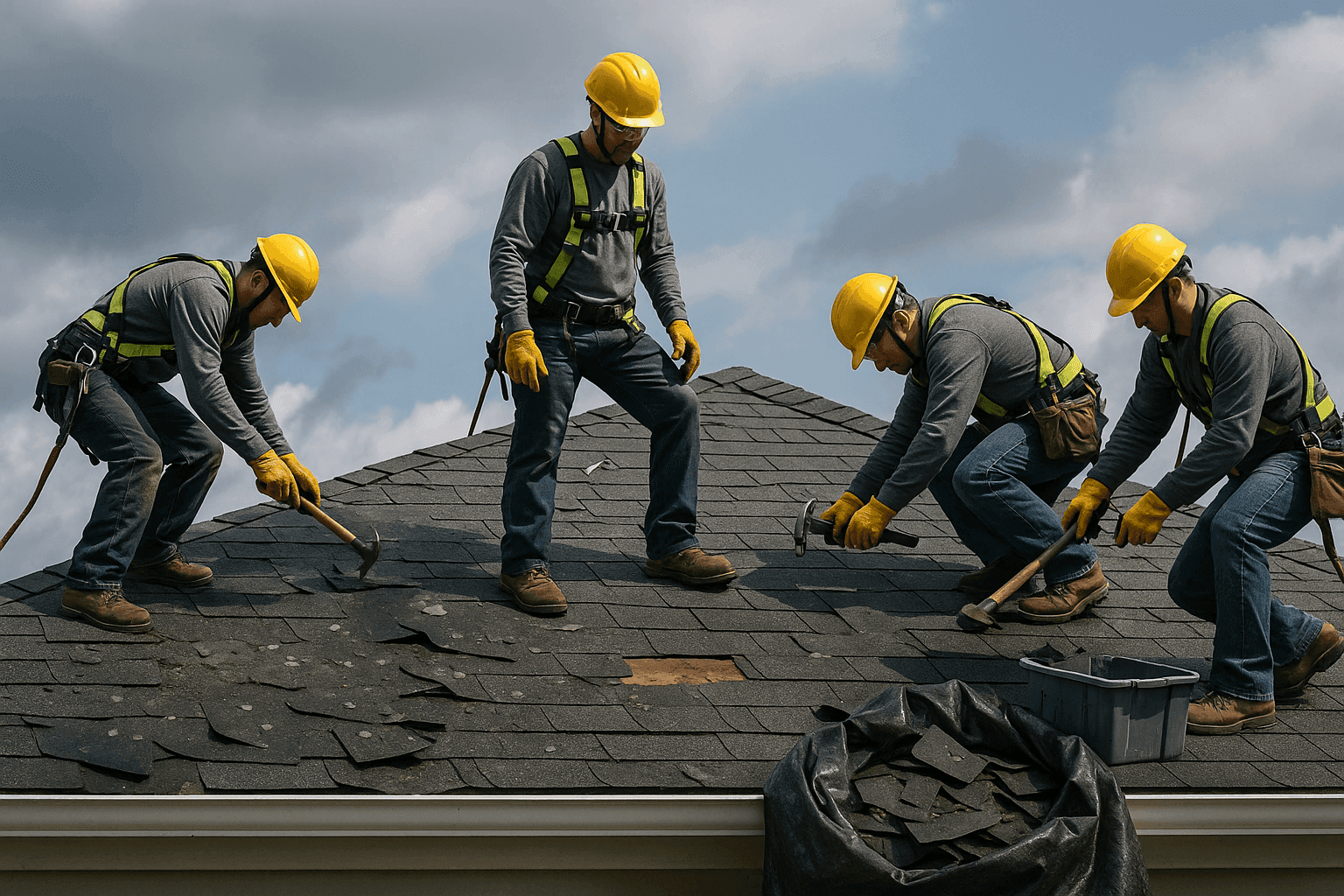 Roofers repairing storm-damaged shingles after severe weather