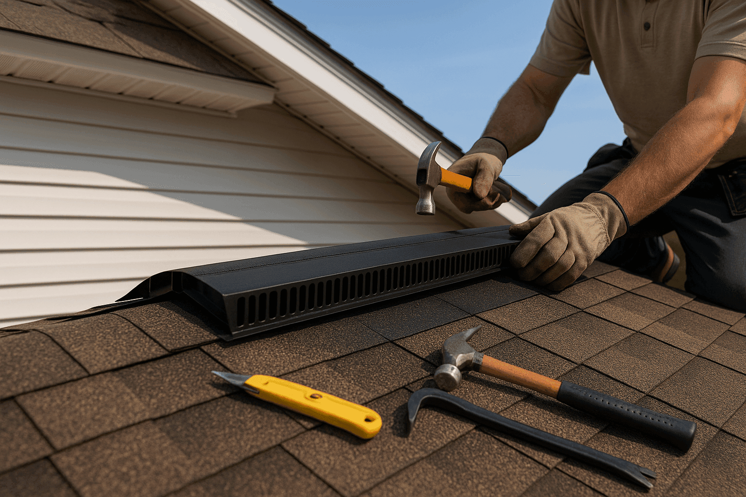 Roof ventilation system with ridge and soffit vents on a residential home